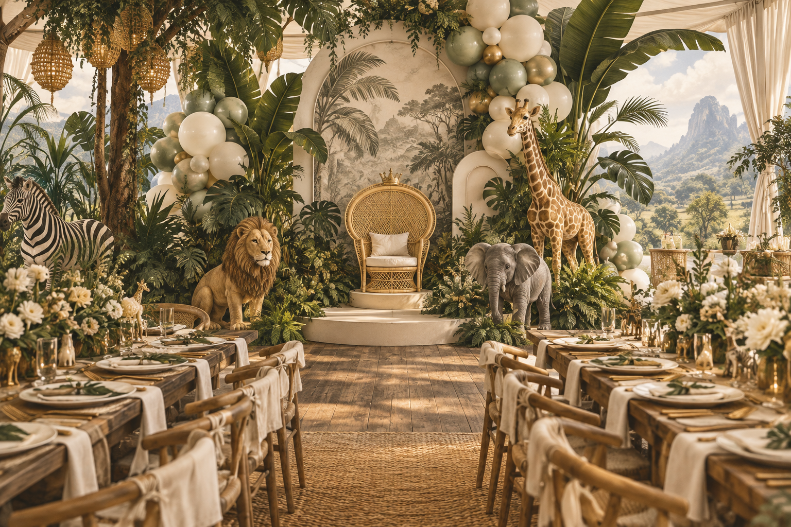 Illustration of a jungle-themed first birthday with a throne and tropical table decor