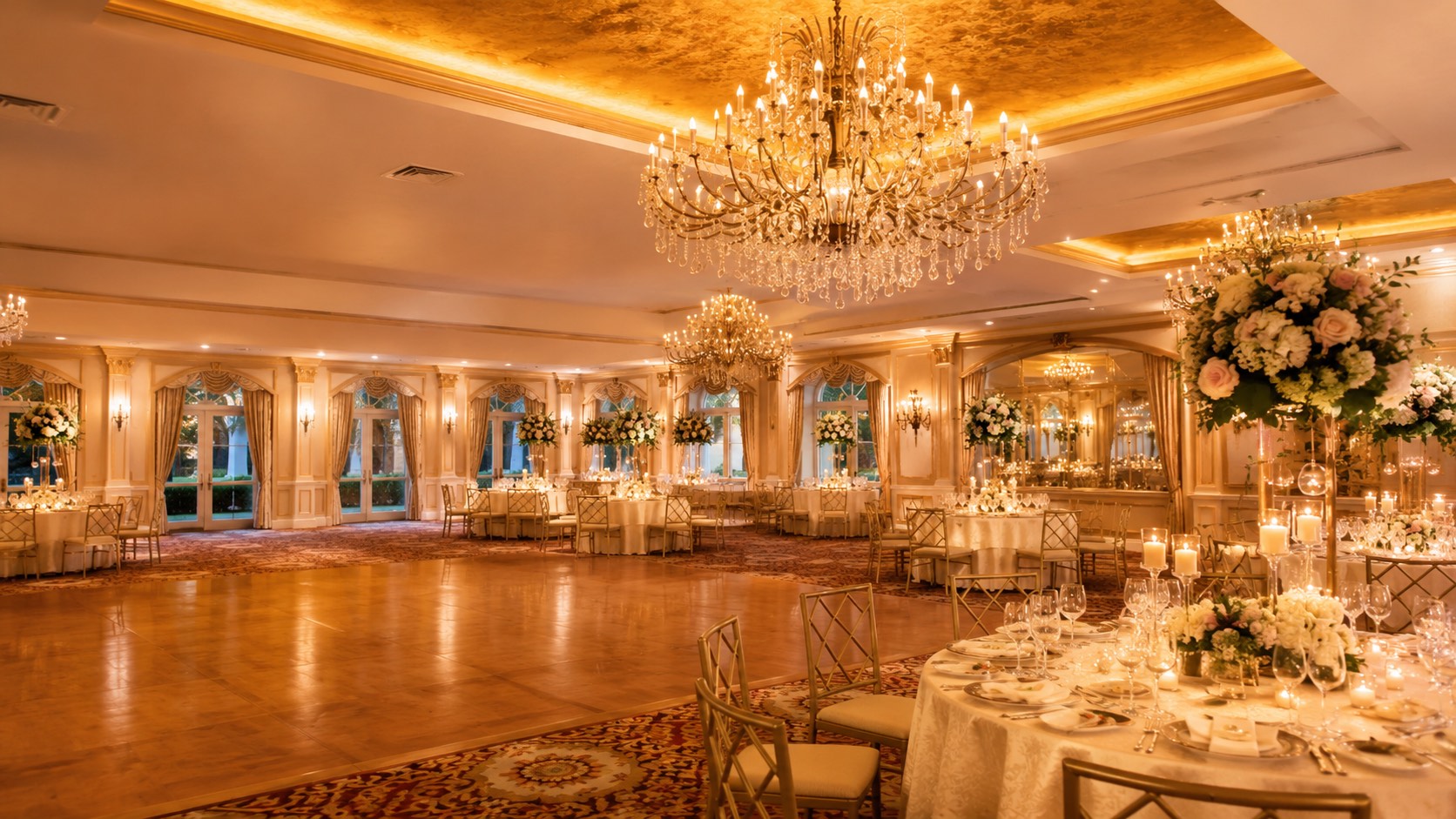 A warm, candlelit ballroom set for an elegant celebration