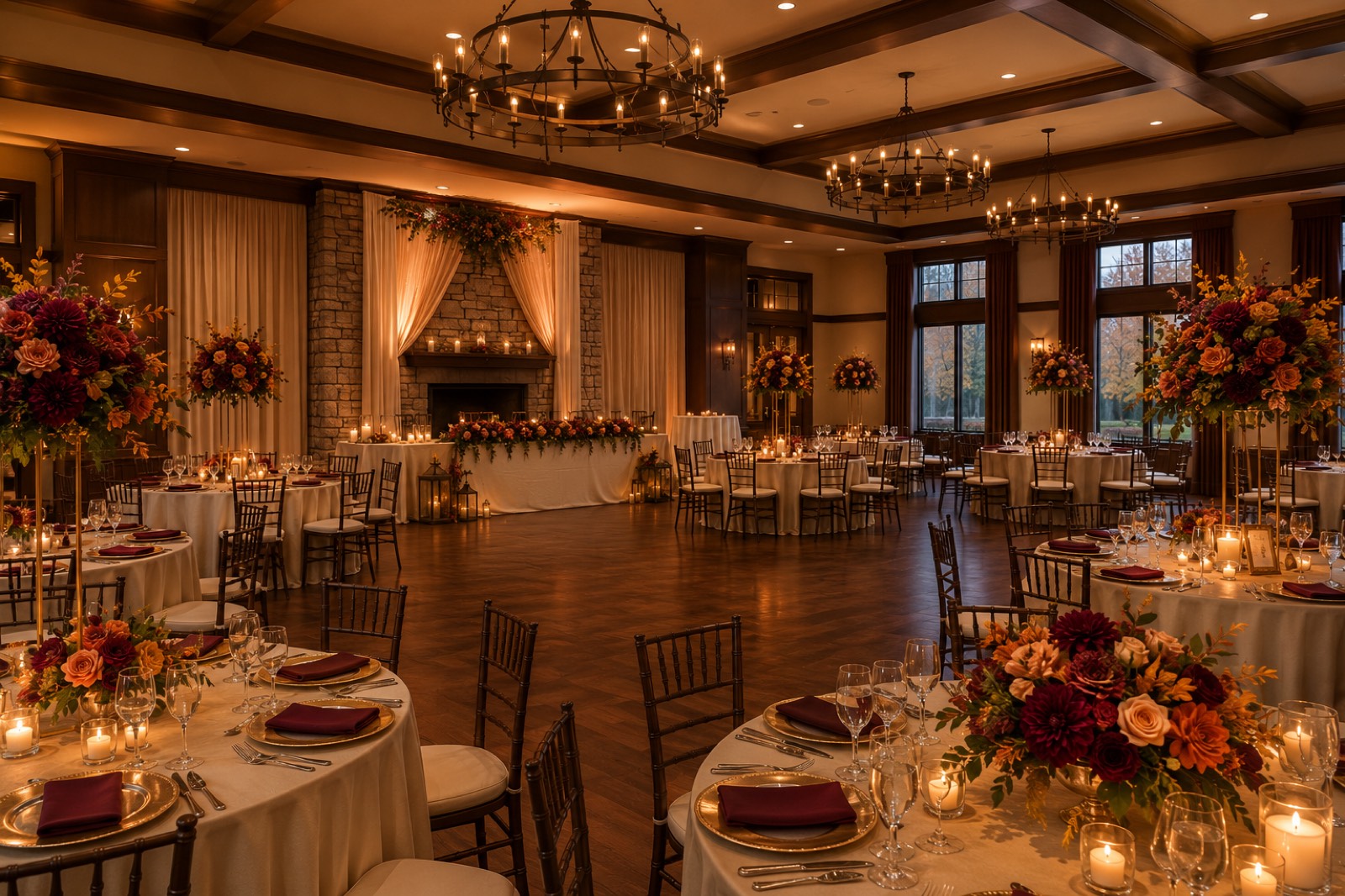 A warm autumn wedding reception with round tables, burgundy linens, candlelight, and orange and red floral centerpieces.