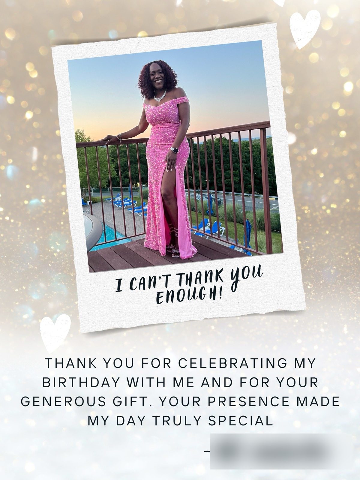 A designed thank-you card from the guest of honor for her all-white themed 55th birthday celebration.