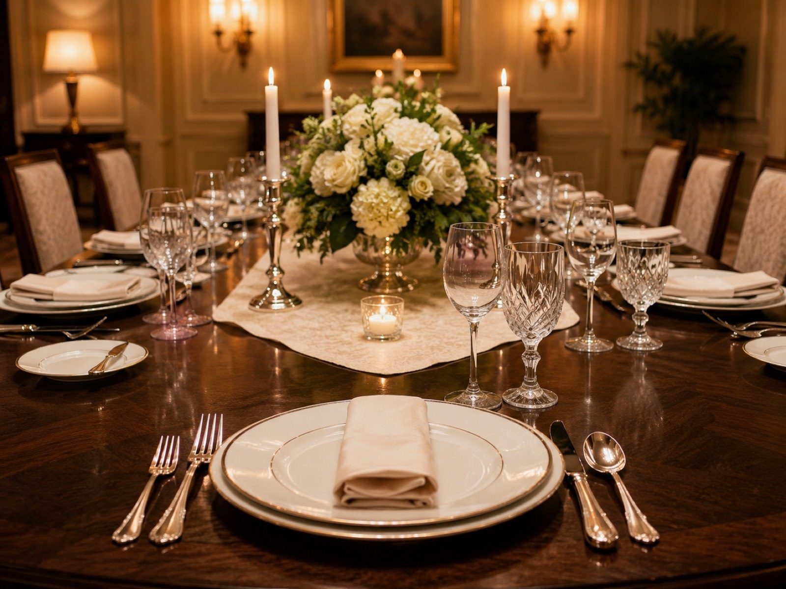 An elegant formal place setting with fine china, crystal glassware, candlelight, and a white rose centerpiece.
