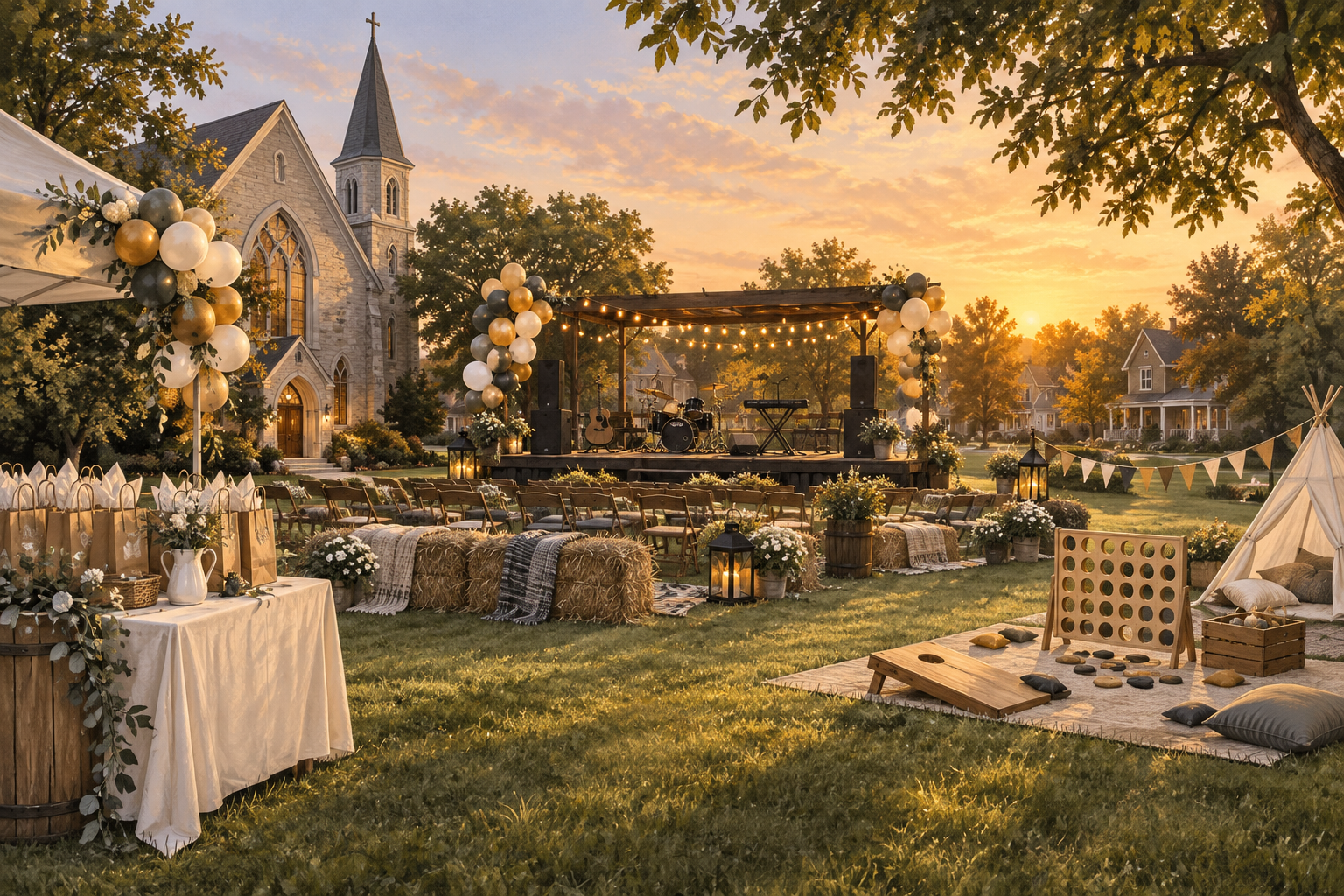 Illustration of an outdoor community concert with a small stage, gift bags and games
